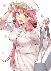 Rule 34 | 1girl, :d, absurdres, akashi (kancolle), alternate costume, bag, blush, casual, from above, green eyes, hair ribbon, hat ornament, highres, holding, holding bag, kantai collection, kiritto, long hair, long skirt, looking at viewer, open mouth, pink hair, pink shirt, pink skirt, pleated skirt, ribbon, shirt, skirt, smile, solo, tress ribbon, watch, wristwatch