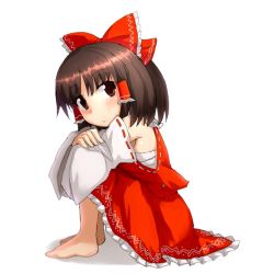 Rule 34 | 1girl, :/, armpits, bad id, bad pixiv id, barefoot, bow, brown hair, dai-erie, detached sleeves, full body, hair bow, hair tubes, hakurei reimu, hugging own legs, knees to chest, looking at viewer, red eyes, ribbon-trimmed sleeves, ribbon trim, sarashi, shadow, short hair, simple background, sitting, solo, touhou, white background