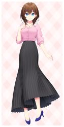 Rule 34 | 1girl, black skirt, blue eyes, blue footwear, brown hair, character request, closed mouth, copyright request, full body, high heels, highres, konogi nogi, long skirt, looking at viewer, medium hair, pink background, pink shirt, shirt, shoes, skirt, smile, solo, virtual youtuber