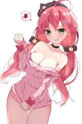 Rule 34 | 1girl, absurdres, ahoge, annoyed, arm up, bare shoulders, batarop, black hat, blush, bow, breasts, choker, cleavage, clothes tug, green eyes, hair bow, hat, highres, hololive, long hair, looking at viewer, low twintails, medium breasts, no bra, no pants, off shoulder, open mouth, pink hair, pink sweater, ribbon, sakura miko, simple background, solo, sweater, sweater tug, thigh gap, thighs, twintails, virtual youtuber, white background