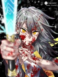 Rule 34 | black jacket, blood, blood on clothes, blood on face, blood on hands, club (weapon), commentary request, edajima denki, grey hair, highres, holding, holding club, holding weapon, honkai: star rail, honkai (series), jacket, medium hair, shirt, solo, stelle (honkai: star rail), trailblazer (honkai: star rail), weapon, white shirt, yellow eyes
