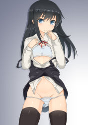 Rule 34 | 10s, 1girl, asashio (kancolle), bad id, bad pixiv id, black hair, black thighhighs, blouse, blue bra, blue eyes, blue panties, bra, breasts, buttons, commentary request, kantai collection, katsuda (katonnbootita), long hair, looking at viewer, neck ribbon, panties, panty pull, pantyshot, red ribbon, ribbon, shiny skin, shirt, small breasts, solo, thighhighs, underwear, vest, white shirt