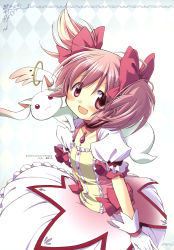 Rule 34 | 10s, 1girl, :d, absurdres, aoki ume, argyle, argyle background, argyle clothes, arm garter, artist name, artist request, blush, bow, creature, creature on shoulder, eyes visible through hair, floating hair, framed, gem, gloves, hair bow, highres, kaname madoka, kyubey, looking at viewer, magical girl, mahou shoujo madoka magica, mahou shoujo madoka magica (anime), official art, on shoulder, open mouth, petticoat, pink eyes, pink hair, puffy short sleeves, puffy sleeves, short hair, short sleeves, smile, translation request, twintails, white gloves