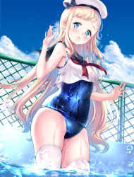 Rule 34 | 1girl, bad id, bad pixiv id, blonde hair, blue eyes, blue one-piece swimsuit, blush, breasts, chain-link fence, cloud, cloudy sky, commentary request, cowboy shot, crop top, day, fence, from below, hat, long hair, looking at viewer, one-piece swimsuit, open mouth, original, ponytail korosuke, pool, sailor collar, sailor hat, school swimsuit, school uniform, serafuku, shiny clothes, shirt, skindentation, sky, sleeveless, sleeveless shirt, small breasts, solo, swimsuit, thighhighs, thighs, wading, water, wet, wet clothes, wet swimsuit, white thighhighs