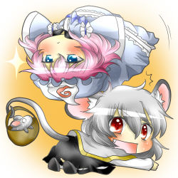 Rule 34 | 2girls, animal ears, bad id, bad pixiv id, blue eyes, blush, capelet, chibi, fang, female focus, ghost, grey hair, hat, japanese clothes, mouse (animal), mouse ears, mouse tail, multiple girls, nazrin, rebecca (keinelove), red eyes, saigyouji yuyuko, short hair, tail, touhou, triangular headpiece
