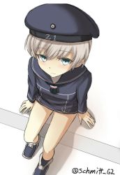 Rule 34 | 10s, 1girl, bare legs, blonde hair, blue dress, blue eyes, blush, clothes writing, dress, from above, hat, kantai collection, looking at viewer, neckerchief, sailor collar, sailor dress, sailor hat, short hair, simple background, sitting, solo, twitter username, white background, yakob labo, z1 leberecht maass (kancolle)