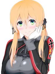 Rule 34 | 10s, 1girl, anchor hair ornament, blonde hair, cross, gloves, hair ornament, hamaguri (hamaguri1234), hand on own chin, highres, iron cross, kantai collection, low twintails, military, military uniform, prinz eugen (kancolle), solo, twintails, uniform, white background, white gloves