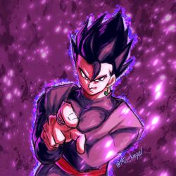 1boy black_eyes black_hair black_shirt dougi dragon_ball dragon_ball:_sparking! dragon_ball_super earrings gohan_black goku_black grey_tunic highres jewelry male_focus medium_hair mii_kayel pointing pointing_at_viewer potara_earrings purple_background shirt single_earring solo son_gohan spiked_hair tunic