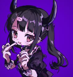 Rule 34 | 1girl, black hair, black hairband, blood, blood on face, blunt bangs, blush, brown eyes, commentary request, demon horns, denonbu, dress, ear piercing, ema (oekakidaisukinahito), fake horns, hair ornament, hair ribbon, hairband, hands up, highres, horns, long hair, looking at viewer, nail polish, open mouth, piercing, pink nails, pink ribbon, puffy short sleeves, puffy sleeves, purple background, purple dress, reml, ribbon, short sleeves, simple background, smile, solo, twintails, upper body, wrist cuffs, x hair ornament