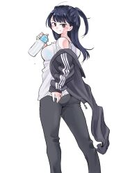 Rule 34 | ass, black jacket, black pants, blue bra, blue hair, boku no kokoro no yabai yatsu, bottle, bra, brown eyes, closed mouth, dark blue hair, from behind, hand on own ass, highres, holding, holding bottle, jacket, long hair, long sleeves, looking at viewer, looking back, mole, mole on neck, off shoulder, official art, pants, sakurai norio, see-through, see-through shirt, shirt, smile, standing, sweat, two side up, underwear, unzipped, water bottle, white shirt, yamada anna
