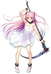 Rule 34 | 1girl, absurdres, action taimanin, bare legs, breasts, demon girl, dress, felicia (taimanin kurenai), female focus, full body, grin, highres, holding, holding scythe, holding weapon, lilith-soft, long hair, looking at viewer, official art, pink hair, pointy ears, red eyes, scythe, small breasts, smile, solo, taimanin (series), taimanin kurenai, taimanin rpgx, twintails, very long hair, weapon, white dress, zol
