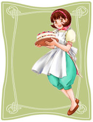 Rule 34 | 1girl, apron, breasts, brown eyes, brown hair, cake, commentary request, food, gensou suikoden, gensou suikoden ii, hairband, nanami (suikoden), nijimasu, short hair, solo