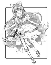 Rule 34 | 1girl, :d, ascot, bow, braid, cure prism, dress, elbow gloves, frilled dress, frills, full body, gloves, greyscale, hair bow, hirogaru sky! precure, kari (kakko k), long hair, looking at viewer, magical girl, monochrome, nijigaoka mashiro, open mouth, precure, smile, solo, standing, very long hair, white background, wing hair ornament