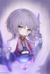 Rule 34 | 1girl, :o, artist name, bad id, bad pixiv id, blue dress, blurry, blurry foreground, blush, chibi, commentary request, cottontailtokki, crown, depth of field, dress, hair between eyes, head tilt, highres, long hair, long sleeves, looking at viewer, md5 mismatch, mini crown, open clothes, open robe, parted lips, pleated dress, purple eyes, purple hair, purple robe, resolution mismatch, robe, seiza, shadowverse, shingeki no bahamut, signature, sitting, sleeves past fingers, sleeves past wrists, solo, spinaria (shingeki no bahamut), tilted headwear, very long hair, wide sleeves