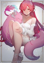 Rule 34 | 1girl, absurdres, anniversary, bare shoulders, bow, breasts, choker, cloud9, dragon girl, dragon horns, dragon tail, dress, hair between eyes, hair ornament, hairclip, highres, horns, jewelry, long hair, long sleeves, looking at viewer, multiple horns, necklace, pink eyes, pink hair, sitting, smile, solo, strapless, strapless dress, tail, thigh strap, tsunodriller, vienna (vtuber), vienna (vtuber) (2nd costume), virtual youtuber