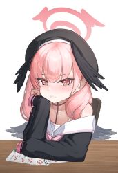 Rule 34 | 1girl, absurdres, beret, black hat, black shirt, black wings, blue archive, blush, che (komulkomul48), closed mouth, collarbone, doodle sensei (blue archive), halo, hat, head wings, highres, koharu (blue archive), long hair, long sleeves, pink eyes, pink hair, pink halo, pout, sailor collar, sailor shirt, sensei (blue archive), shirt, simple background, solo, tears, twintails, upper body, white background, white sailor collar, wings