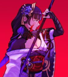 Rule 34 | 1girl, armor, artist name, blood, blood on face, braid, breasts, bridal gauntlets, cleavage, closed mouth, commentary, english commentary, floral print, flower, from side, genshin impact, hair ornament, highres, holding, holding polearm, holding weapon, japanese clothes, kimono, large breasts, long hair, long sleeves, looking to the side, mole, mole under eye, nail polish, obi, obiage, obijime, polearm, purple eyes, purple flower, purple hair, purple nails, raiden shogun, red background, ribbon, sash, sethkiel, shoulder armor, simple background, solo, tassel, weapon, wide sleeves