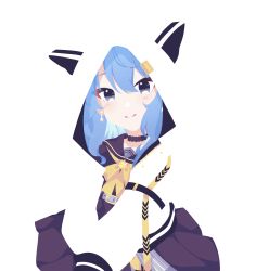 Rule 34 | 1girl, animal hood, black choker, blending, blue eyes, blue hair, bow, bowtie, cat hood, choker, closed mouth, earrings, hair between eyes, highres, hololive, hood, hood up, hooded jacket, hoshimachi suisei, hoshimachi suisei (school uniform), hyuni (hyunicat), jacket, jewelry, long sleeves, looking at viewer, no lineart, official alternate costume, open clothes, open jacket, pearl earrings, pleated skirt, purple sailor collar, purple skirt, sailor collar, skirt, solo, split mouth, star (symbol), star in eye, symbol in eye, virtual youtuber, white background, yellow bow, yellow bowtie