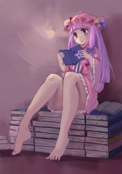 Rule 34 | 1girl, bare legs, barefoot, blue ribbon, blunt bangs, book, book stack, feet, full body, hair ribbon, hat, highres, legs, long hair, looofa, mob cap, my little pony, my little pony: friendship is magic, nail polish, open book, parted lips, patchouli knowledge, purple eyes, reading, ribbon, sitting, solo, toenail polish, toenails, touhou, tress ribbon, twilight sparkle