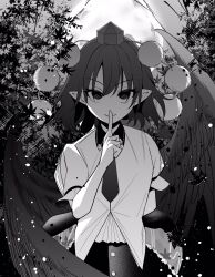 Rule 34 | 1girl, bird wings, closed mouth, full moon, greyscale, hat, highres, leaf print, looking at viewer, monochrome, moon, necktie, nodoguro (phi-tan), pointy ears, pom pom (clothes), shameimaru aya, shirt, skirt, smile, solo, tokin hat, touhou, wings