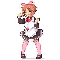 Rule 34 | 10s, 1girl, :d, ;d, abe nana, apron, arm up, bad id, bad twitter id, black dress, black footwear, blush, bow, bowtie, brown eyes, brown hair, dress, frilled dress, frills, full body, hair ribbon, hand gesture, heart, idolmaster, idolmaster cinderella girls, long sleeves, looking at viewer, lowres, maid, maid apron, mary janes, one eye closed, open mouth, pigeon-toed, pink ribbon, pink thighhighs, pixel art, po (pch3417), red bow, red bowtie, ribbon, shoes, short hair, simple background, smile, solo, thighhighs, v, white apron, white background, zettai ryouiki