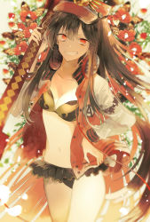 Rule 34 | 1girl, artist name, bad id, bad pixiv id, bikini, black bikini, black hair, blurry, breasts, cacao (chocotto), camellia, collarbone, commentary request, cowboy shot, depth of field, fate/grand order, fate (series), floral background, flower, frilled bikini, frills, grin, hair between eyes, hand on own hip, hat, headphones, headphones around neck, holding, holding sword, holding weapon, jacket, katana, letterman jacket, long hair, long sleeves, looking at viewer, military hat, navel, oda nobunaga (fate), oda nobunaga (koha-ace), oda nobunaga (swimsuit berserker) (fate), oda nobunaga (swimsuit berserker) (first ascension) (fate), oda nobunaga (swimsuit berserker) (second ascension) (fate), open clothes, open jacket, parted lips, peaked cap, red eyes, sheath, sheathed, small breasts, smile, solo, swimsuit, sword, thighs, tsurime, very long hair, weapon
