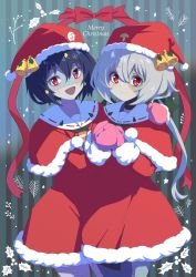 Rule 34 | 2girls, :d, arm around shoulder, black hair, blue eyes, blue skin, capelet, christmas, closed mouth, colored skin, commentary, cowboy shot, dress, english text, fur-trimmed capelet, fur trim, hat, hat bell, highres, holly, konno junko, light blush, long hair, looking at viewer, merry christmas, mittens, mizuno ai, multiple girls, open mouth, own hands together, patchwork skin, pink mittens, purple eyes, red capelet, red eyes, red headwear, santa dress, santa hat, short dress, short hair, side-by-side, silver hair, smile, somasoutaro, standing, star (symbol), stitched face, stitches, striped, striped background, vertical stripes, zombie, zombie land saga
