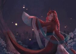 Rule 34 | 1girl, absurdres, blue eyes, dragon girl, dragon horns, dragon tail, from behind, hand fan, highres, holding, holding fan, horns, liliantsai0417, long hair, long skirt, long sleeves, looking back, original, outdoors, red hair, skirt, sky, solo, tail, white skirt