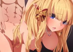 1boy 1girl blonde_hair blue_eyes blush bow breasts completely_nude elf hair_bow hair_ornament hetero highres large_breasts long_hair looking_at_viewer nipples nude open_mouth pointy_ears princess_connect! saren_(christmas)_(princess_connect!) saren_(princess_connect!) sex sex_from_behind sonri