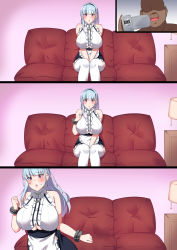 Rule 34 | 1girl, :o, absurdres, azur lane, bare shoulders, blue hair, blush, breasts, camera, clothing cutout, collar, couch, dido (azur lane), embarrassed, frilled collar, frills, hand on own chest, hands together, hands up, highres, indoors, lamp, large breasts, legs, long hair, looking at viewer, maid, motion lines, nanohana, no eyes, open mouth, pink eyes, recording, sequential, sitting, sleeveless, standing, sweatdrop, thighhighs, thighs, underboob, underboob cutout
