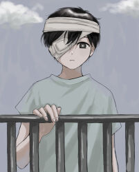 Rule 34 | 1boy, antenna hair, bandage over one eye, bandages, black eyes, blue shirt, blue sky, bright pupils, closed mouth, cloud, fence, hair between eyes, highres, imminent suicide, male focus, official alternate costume, omori, one eye covered, outdoors, renshu usodayo, shirt, short hair, short sleeves, sky, spoilers, sunny (omori), white pupils