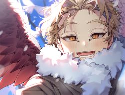 Rule 34 | 1boy, bird, blue sky, blurry, blurry background, blush, boku no hero academia, brown jacket, commentary request, day, face, fur collar, fur trim, hawks (boku no hero academia), jacket, lower teeth only, male focus, open mouth, outdoors, red wings, sal gun, sky, slit pupils, smile, solo, teeth, upper teeth only, wings
