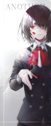 Rule 34 | 1girl, another, bai qi-qsr, black hair, black jacket, blood, blood on face, blood on hands, blush, broken glass, buttons, collared shirt, commentary, copyright name, double-breasted, glass, hair over one eye, hand up, highres, jacket, long sleeves, looking at viewer, misaki mei, parted lips, red eyes, red neckwear, red ribbon, ribbon, school uniform, shirt, short hair, skirt, solo, teeth, upper body, white shirt