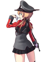 Rule 34 | 10s, 1girl, a9b (louis814), anchor hair ornament, aqua eyes, ass, biting, black skirt, blush, cowboy shot, cross, from behind, glove biting, glove pull, gloves, gun, hair ornament, handgun, hat, holding, iron cross, kantai collection, long hair, low twintails, luger p08, military, military uniform, miniskirt, mouth hold, peaked cap, pleated skirt, prinz eugen (kancolle), simple background, skirt, solo, twintails, uniform, weapon, white background, white gloves