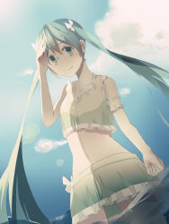 Rule 34 | 1girl, absurdres, bad id, bad pixiv id, cloud, day, dutch angle, green eyes, green hair, hatsune miku, highres, hiroshiko (restart), long hair, matching hair/eyes, midriff, skirt, sky, smile, solo, twintails, very long hair, vocaloid, wading, water
