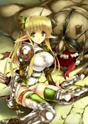 Rule 34 | 1girl, armor, arrow (projectile), blonde hair, bow (weapon), breasts, elf, green eyes, huge breasts, long hair, monster, okonogi noi, original, pointy ears, quiver, solo, thighhighs, twintails, weapon