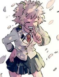 Rule 34 | 10s, 1girl, ^ ^, ashido mina, boku no hero academia, cherry blossoms, closed eyes, colored skin, closed eyes, finger to mouth, hand on own hip, happy, horns, necktie, pink hair, pink skin, pleated skirt, school uniform, short hair, simple background, skirt, smile, solo, teeth, white background