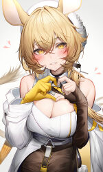Rule 34 | 1girl, absurdres, animal ears, arknights, asymmetrical sleeves, bare shoulders, black gloves, blonde hair, blush, breasts, brown skirt, cleavage, cleavage cutout, clothing cutout, coat, commentary request, crossed bangs, detached sleeves, dorothy (arknights), fingerless gloves, gloves, hair between eyes, heart, heart hands, highres, large breasts, long hair, looking at viewer, low ponytail, mismatched sleeves, mouse ears, mouse girl, mouse tail, simple background, single fingerless glove, skirt, smile, solo, tab head, tail, white background, white coat, white headwear, yellow eyes, yellow gloves