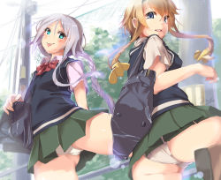 Rule 34 | 10s, 2girls, alternate costume, armadillo-tokage, ass, bad id, bad pixiv id, blue eyes, braid, cameltoe, day, from behind, hair ornament, highres, kantai collection, leg up, light brown hair, long hair, looking at viewer, miniskirt, multiple girls, outdoors, panties, pantyshot, parted lips, propeller hair ornament, school uniform, silver hair, single braid, skirt, standing, sweater vest, teruzuki (kancolle), thighs, tongue, tongue out, twin braids, umikaze (kancolle), underwear, white panties