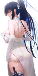 Rule 34 | 1girl, absurdres, ass, black hair, blue archive, blue eyes, blue halo, breasts, closed mouth, cowboy shot, dress, elbow gloves, garter straps, gloves, halo, highres, large breasts, long hair, ni tamago sando, official alternate costume, saori (blue archive), saori (dress) (blue archive), simple background, solo, strapless, strapless dress, thighhighs, white background, white dress, white gloves, white thighhighs