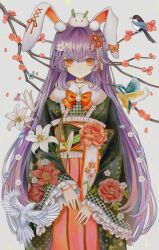 Rule 34 | 1girl, animal, animal ears, bird, black kimono, closed mouth, floral print, flower, frilled sleeves, frills, highres, hourai kiriri, japanese clothes, kimono, lily (flower), long hair, long sleeves, looking at viewer, peony print, petals, print kimono, purple hair, rabbit ears, red eyes, red flower, reisen udongein inaba, snow rabbit, solo, touhou, upper body, white flower, wide sleeves