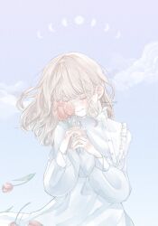 Rule 34 | 1girl, artist name, blonde hair, buttons, closed eyes, closed mouth, cloud, covering one eye, crescent, dress, facing viewer, falling flower, flower, frilled shirt collar, frills, head tilt, highres, holding, holding flower, kitazawa yuri, long hair, long sleeves, moon, moon phases, original, red flower, red tulip, sky, solo, tearing up, tulip, twitter username, upper body, watermark, white dress