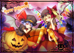 Rule 34 | 2girls, :d, absurdres, ascot, bat wings, black headwear, black shirt, blue hair, border, chima q, closed mouth, commentary, crystal, dress, fang, fang out, flandre scarlet, hair between eyes, halloween, hand on own cheek, hand on own face, hand up, happy halloween, hat, hat ribbon, highres, holding, jack-o&#039;-lantern, laevatein (touhou), looking at viewer, mary janes, mob cap, multiple girls, one side up, open mouth, orange skirt, orange thighhighs, panties, pantyshot, photoshop (medium), pink panties, puffy short sleeves, puffy sleeves, red dress, red eyes, red footwear, red ribbon, remilia scarlet, ribbon, shirt, shoes, short dress, short hair, short sleeves, siblings, sisters, sitting, skirt, smile, striped clothes, striped thighhighs, thighhighs, touhou, underwear, wings, wrist cuffs, yellow ascot