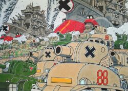 Rule 34 | absurdres, anchor, army, big shiee, camouflage, cannon, caterpillar tracks, cross, di-cokka, highres, iron iso, metal slug, military, military vehicle, motor vehicle, nishigame, no humans, numbered, outdoors, smoke, tank, traditional media, vehicle focus