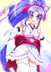 Rule 34 | 10s, 1girl, alternate form, blush, bow, bow-shaped hair, brooch, cure fortune, cure fortune (anmitsu komachi), detached sleeves, earrings, frills, hair bow, hair bun, happinesscharge precure!, heart, heart brooch, hikawa iona, japanese clothes, jewelry, kagami chihiro, long hair, magical girl, miniskirt, panties, pantyshot, precure, purple eyes, purple hair, single hair bun, skirt, smile, solo, thighhighs, underwear, upskirt, very long hair, white panties, white skirt, white thighhighs, wide ponytail