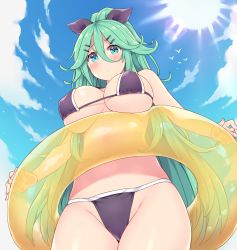 Rule 34 | 1girl, alternate costume, amane hasuhito, bare arms, bare shoulders, bikini, bird, black bikini, black ribbon, blue sky, blush, breasts, cloud, commentary request, cowboy shot, day, from below, green hair, groin, hair between eyes, hair flaps, hair ornament, hair ribbon, hairclip, holding, holding swim ring, innertube, kantai collection, large breasts, long hair, looking at viewer, navel, outdoors, parted bangs, ponytail, ribbon, seagull, see-through, sidelocks, skindentation, sky, solo, standing, string bikini, sunlight, swim ring, swimsuit, transparent, underboob, yamakaze (kancolle), yellow innertube