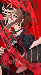 Rule 34 | 1girl, aura, belt chain, black choker, black nails, black shirt, brown eyes, brown hair, chain necklace, choker, electric guitar, emo fashion, energy, floating hair, from side, guitar, heart, heart choker, highres, holding, holding guitar, holding instrument, hololive, hololive english, instrument, jewelry, lace-trimmed choker, lace trim, looking up, mouchu, multicolored hair, nanashi mumei, nanashi mumei (4th costume), necklace, nightmare (nanashi mumei), parted lips, plaid, plaid skirt, plectrum, red background, shirt, skirt, streaked hair, sweater under shirt, t-shirt, twintails, virtual youtuber