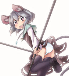 Rule 34 | 1girl, alvis (artist), animal ears, black thighhighs, blush, brown eyes, capelet, dowsing rod, dress, gem, grey dress, grey hair, jaguji (jaguzzi), jewelry, long sleeves, looking at viewer, looking back, mouse ears, mouse tail, nazrin, necklace, open mouth, panties, pantyshot, pendant, shirt, simple background, solo, tail, thighhighs, touhou, underwear, upskirt, white background, white panties