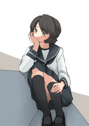 Rule 34 | 1girl, absurdres, adapted costume, black hair, black neckerchief, black sailor collar, black skirt, brown eyes, commentary request, couch, hand on own face, highres, kantai collection, looking at viewer, miyuki (kancolle), neckerchief, sailor collar, school uniform, serafuku, short hair, simple background, skirt, solo, toplow, white background