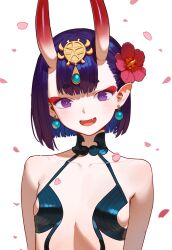 Rule 34 | 1girl, blush, bob cut, breasts, collarbone, earrings, fang, fate/grand order, fate (series), flower, hair flower, hair ornament, highres, horns, jewelry, lividy, looking at viewer, oni, open mouth, petals, purple eyes, purple hair, red flower, short hair, shuten douji (fate), simple background, skin-covered horns, small breasts, smile, solo, upper body, white background